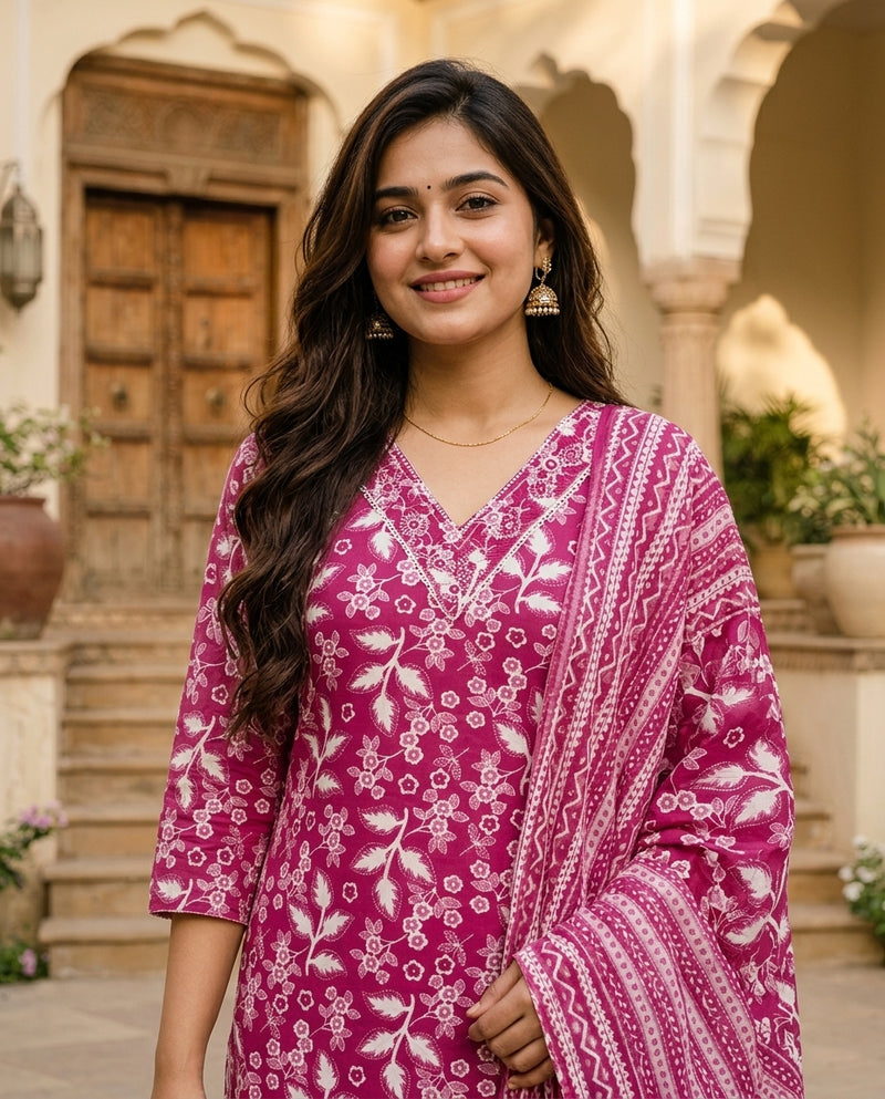 Magenta Floral Printed Kurta Set with Trousers and Dupatta