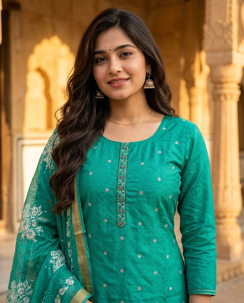 Green Embroidered Kurta Set with Printed Dupatta and Trousers