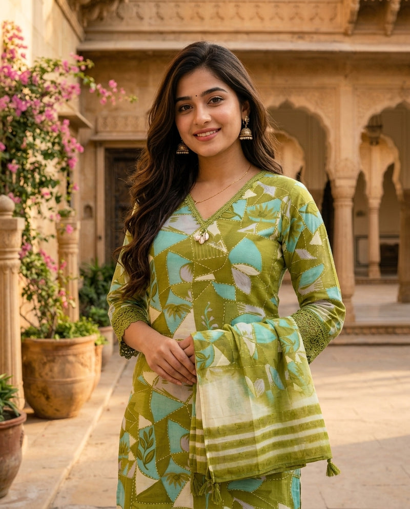 Green Printed V-Neck Kurta Set with Palazzo and Dupatta