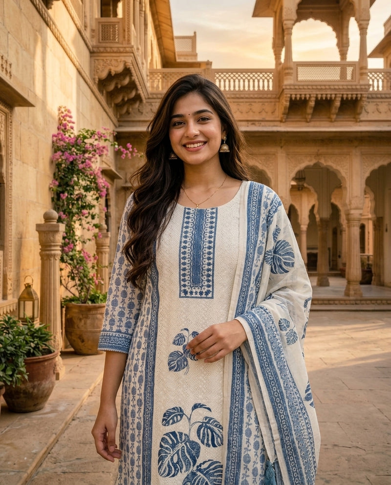 Off-White & Blue Printed Cotton Kurta Suit Set with Dupatta