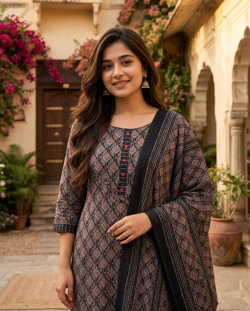 Black Geometric Printed Kurta Set with Pants and Dupatta