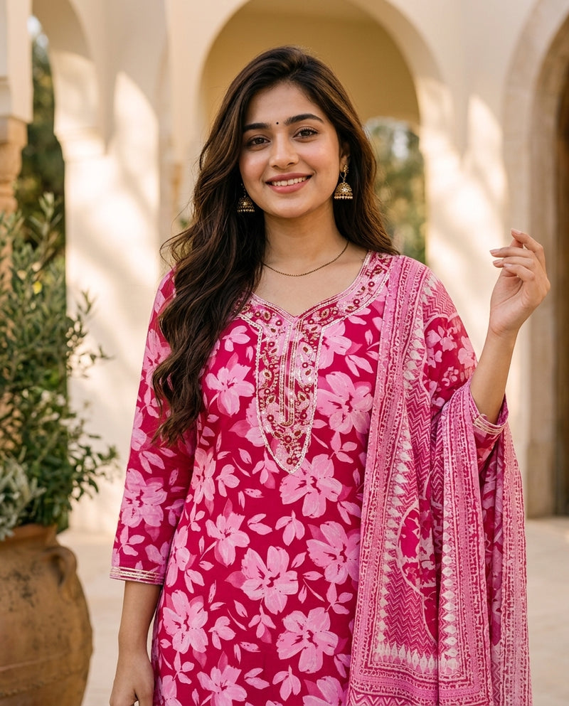 Pink Floral Printed Kurta Set with Sequined Neckline