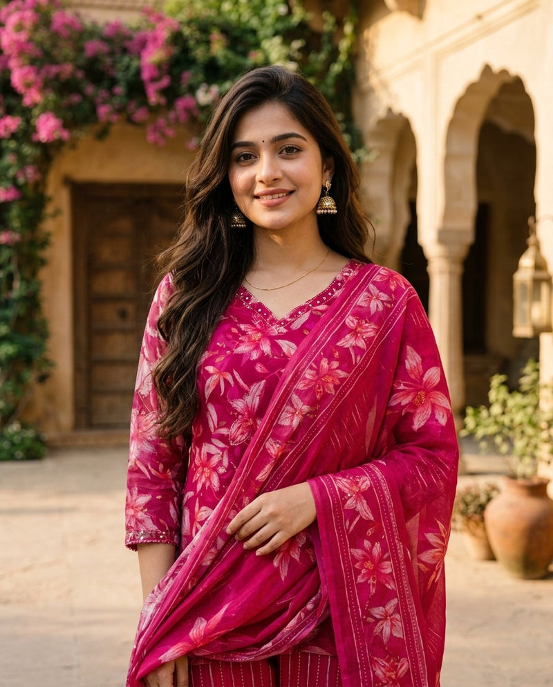 Pink Floral Printed Suit Set with Dupatta