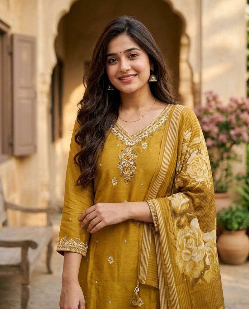 Mustard Yellow Embroidered Kurta Set with Dupatta