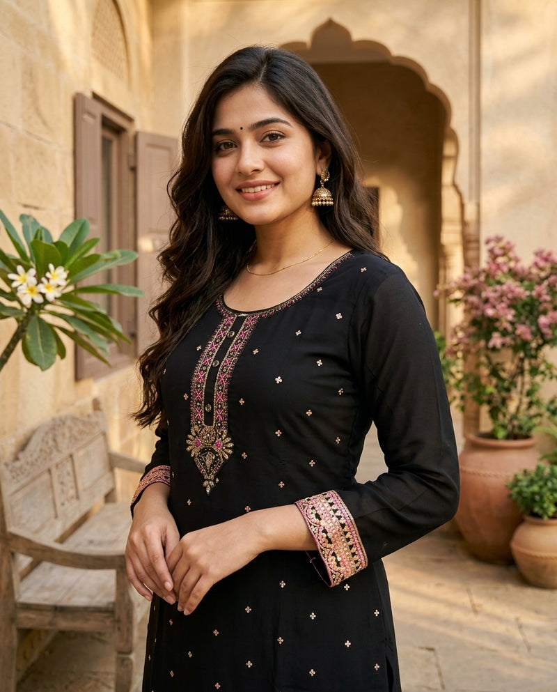 Black Embroidered Kurta with Trousers