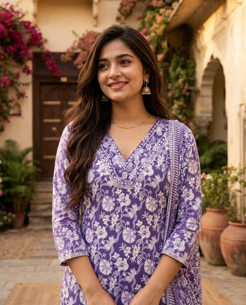 Purple Floral Printed V-Neck Kurta Set with Dupatta