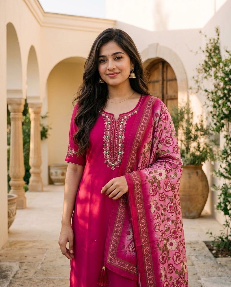 Magenta Embroidered Kurta Set with Printed Dupatta
