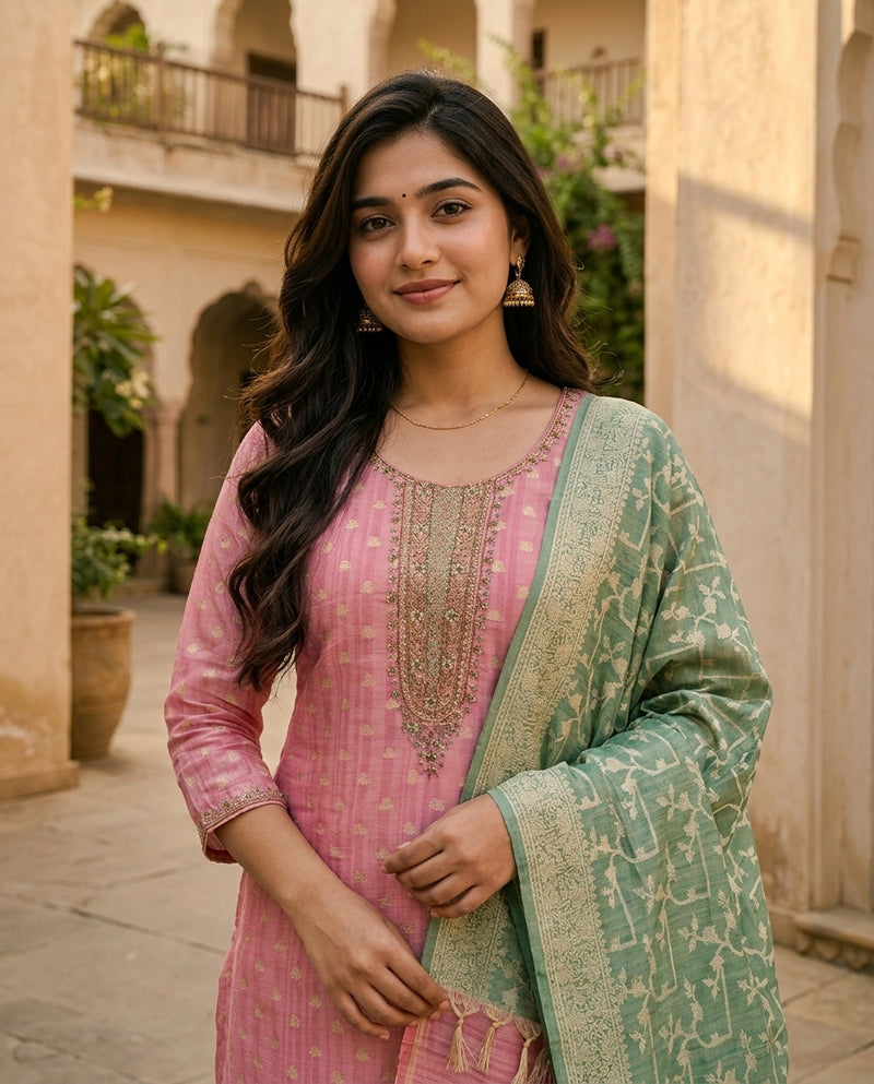 Pink Embroidered Kurta Set with Contrast Dupatta