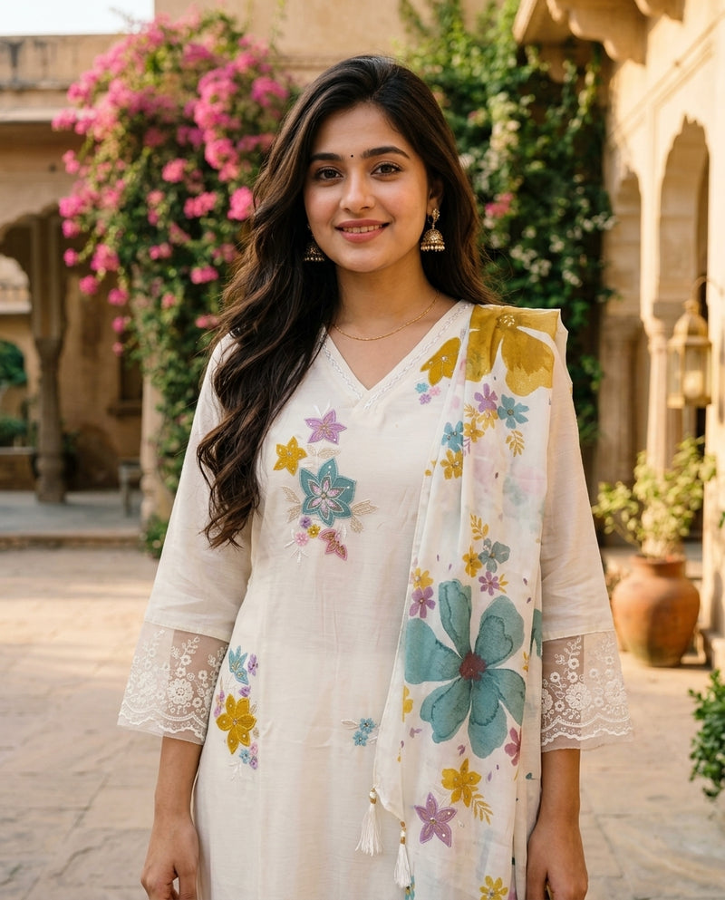 Off-White Floral Embroidered Kurta Set with Dupatta