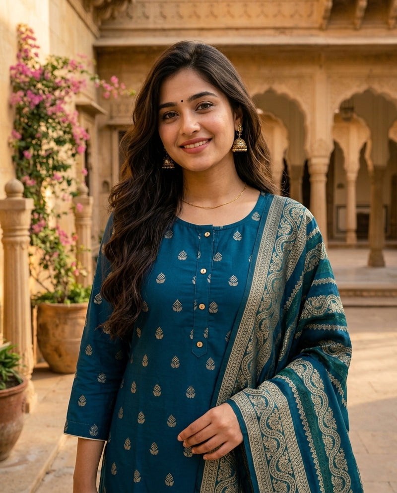 Teal Blue Woven Booti Kurta Set with Jacquard Dupatta