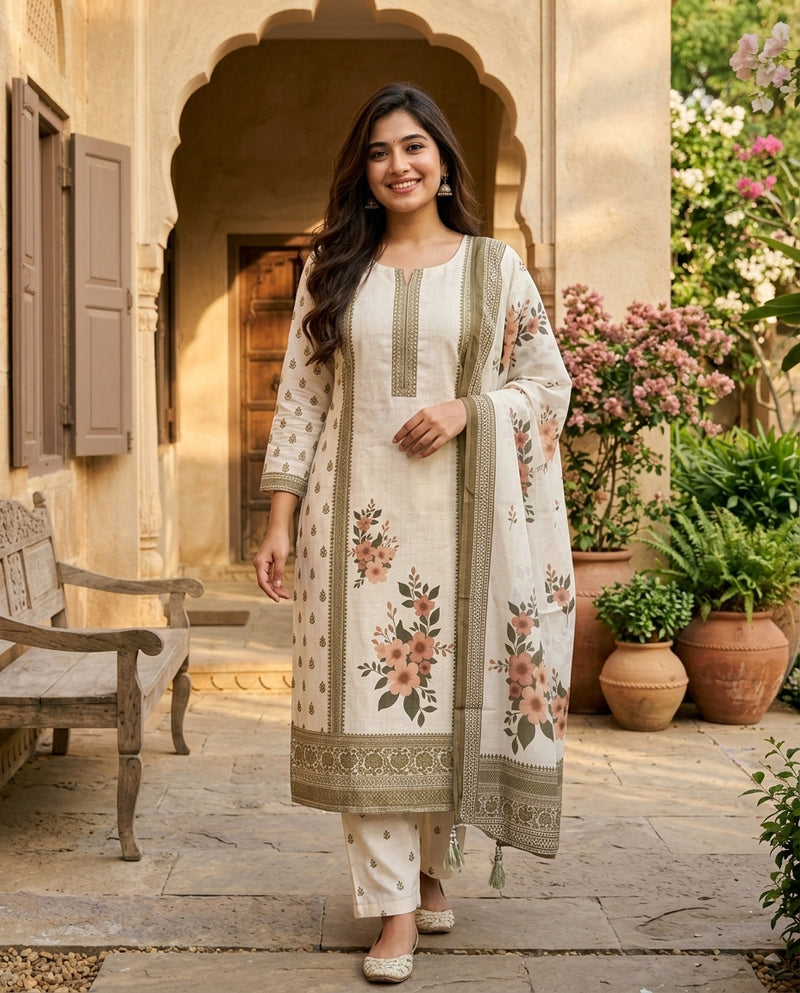 Off-White Printed Suit Set with Floral Accents