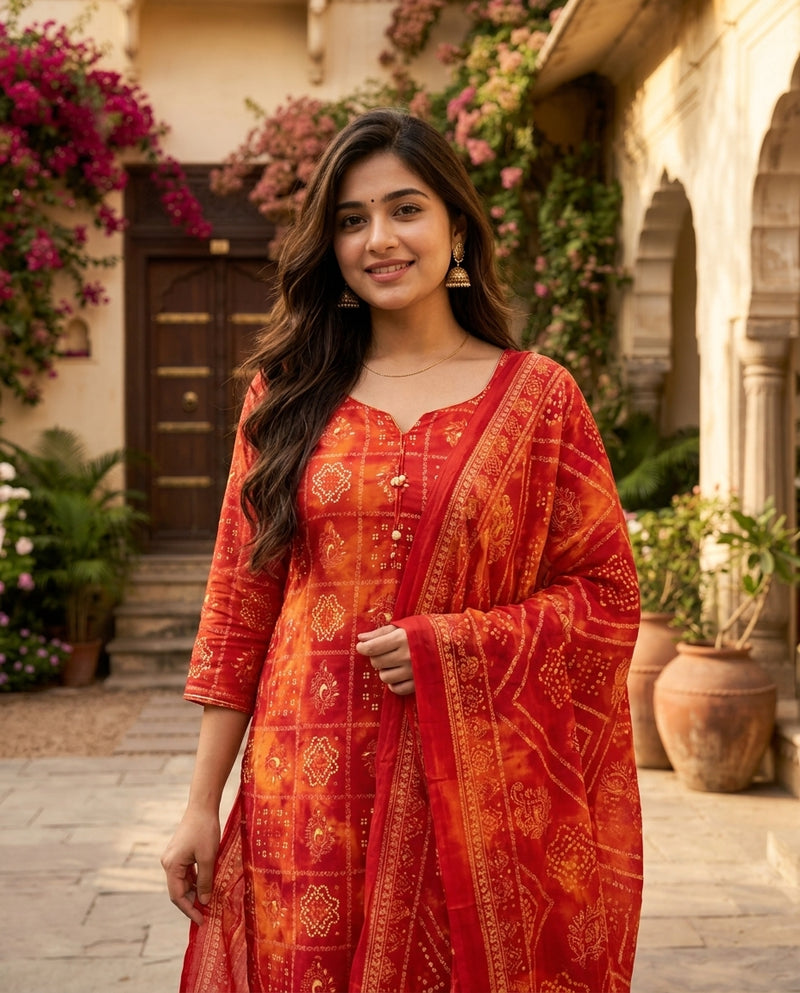Red Bandhani Print Kurta Set with Trousers and Dupatta