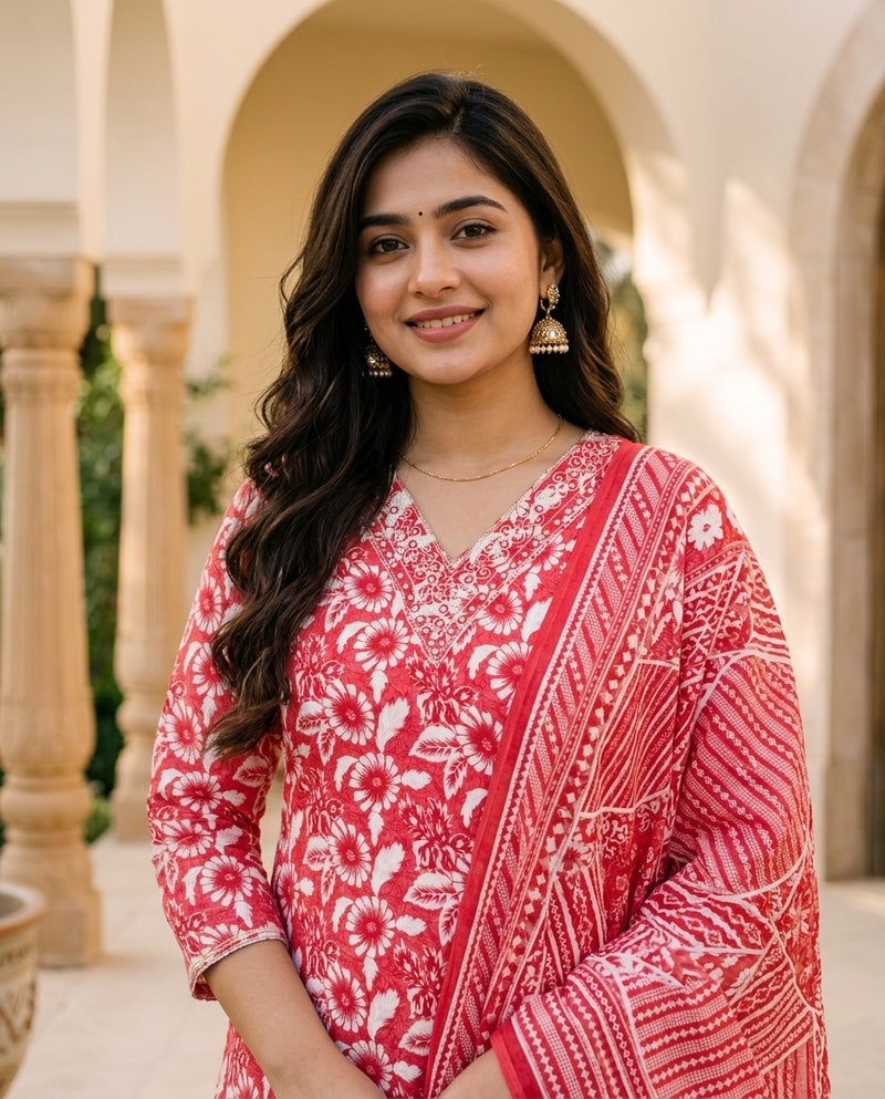 Red and White Floral Printed Suit Set with Dupatta