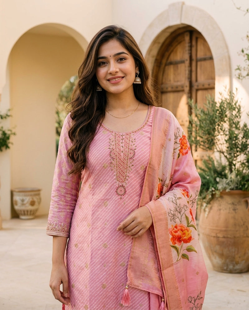 Pink Embroidered Kurta Set with Dupatta