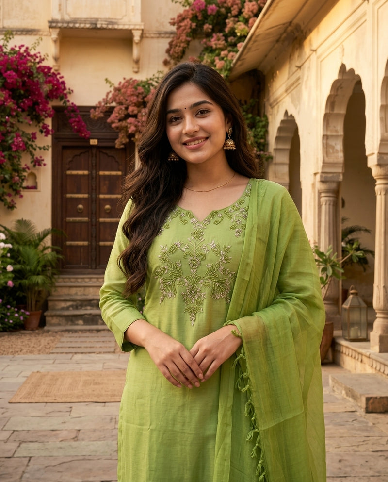 Green Embroidered Kurta Set with Trousers and Dupatta
