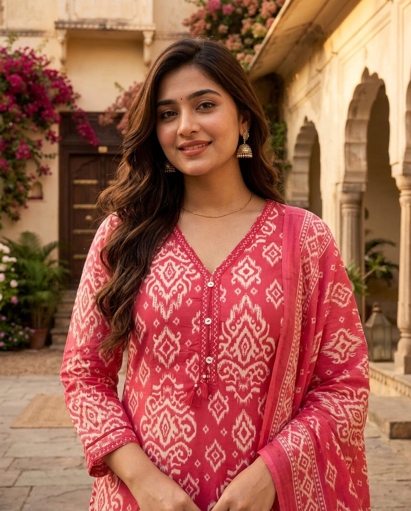 Pink Ikat Printed Kurta Set with Trousers and Dupatta