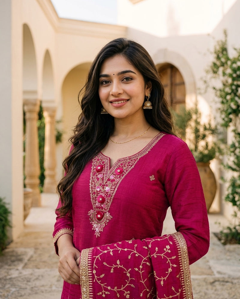 Magenta Embroidered Kurta Set with Dupatta and Trousers