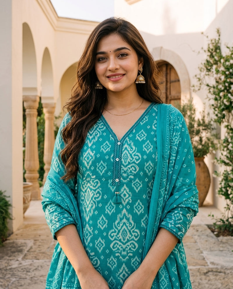 Teal Ikat Print Kurta Set with Dupatta