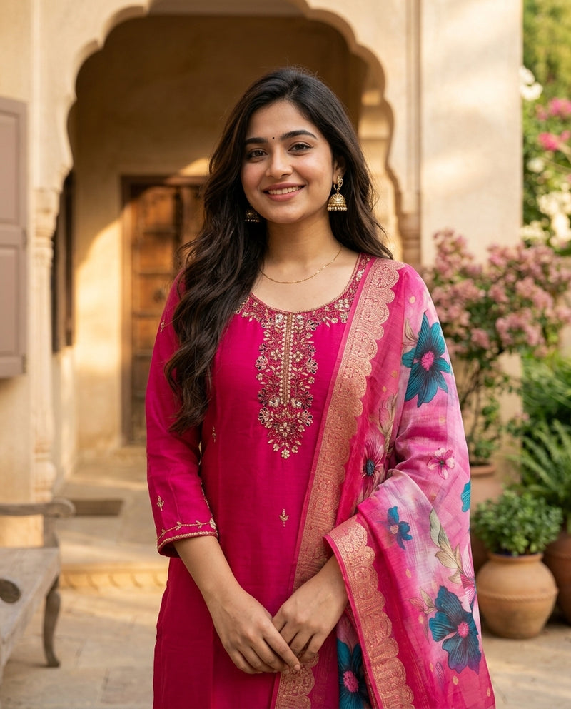 Magenta Embroidered Kurta Set with Floral Printed Dupatta