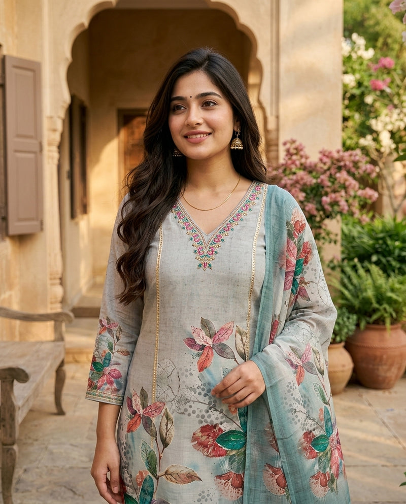 Grey Floral Printed Suit Set with Embroidered Neckline