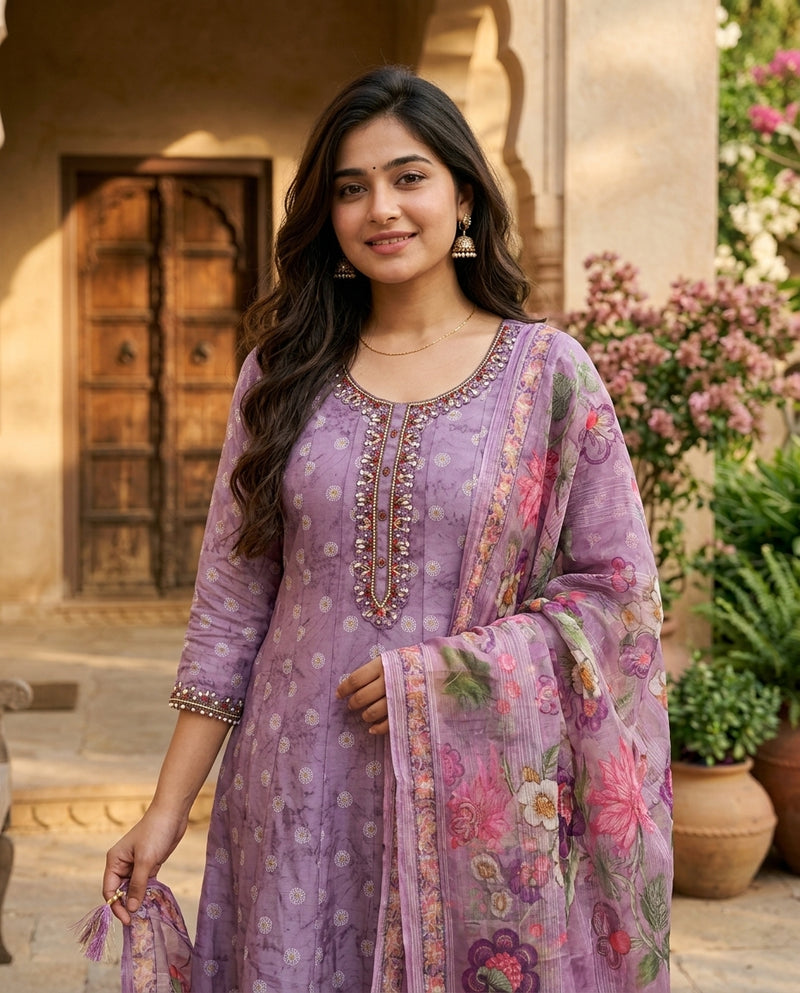 Mauve Kalidar Frock Suit Set with Embellished Neckline