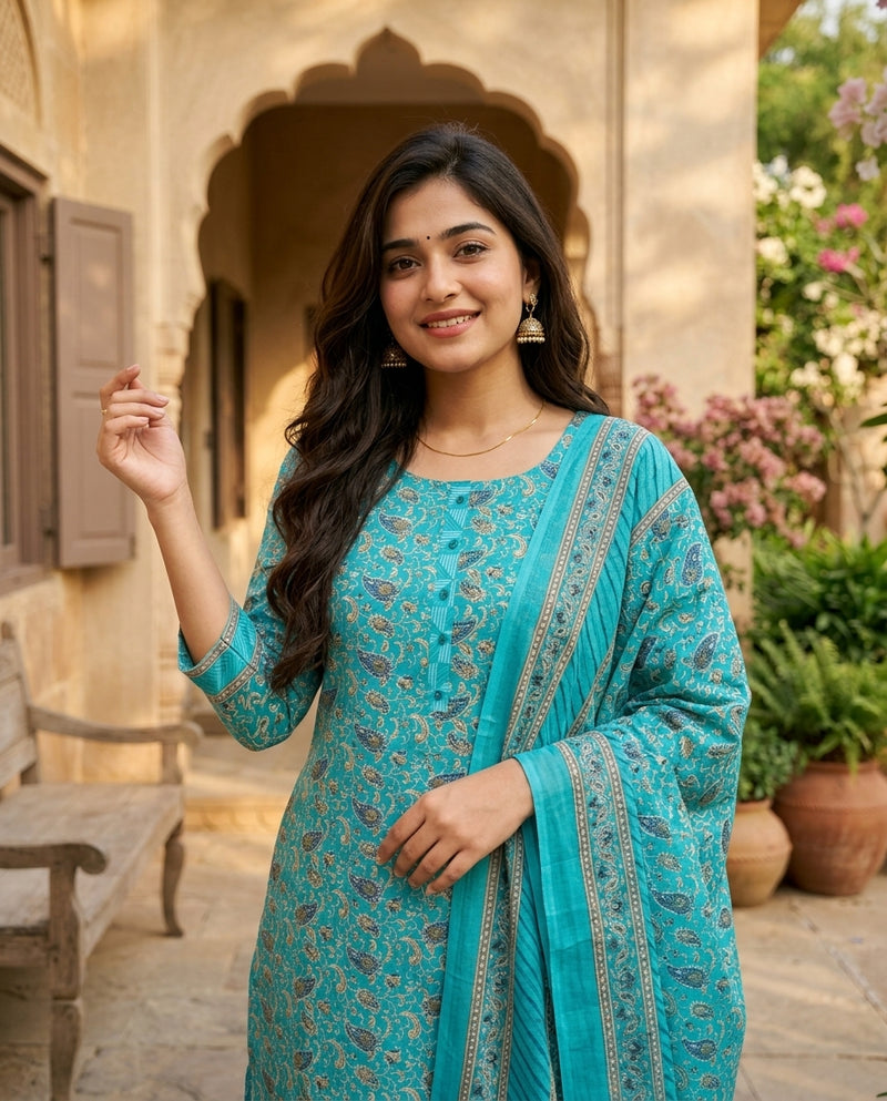 Turquoise Printed Kurta Set with Dupatta