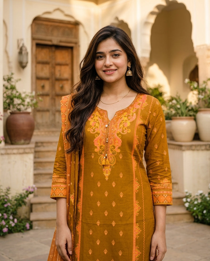 Mustard Yellow Printed Kurta Set with Dupatta