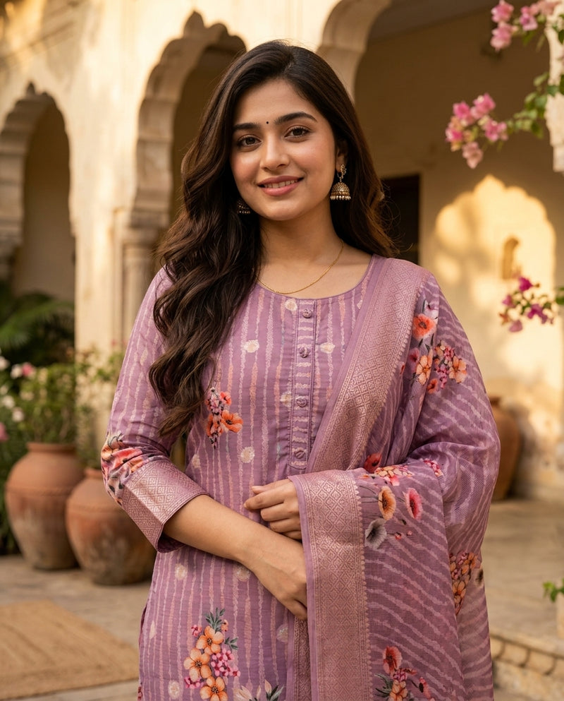 Mauve Printed Kurta Set with Dupatta and Trousers