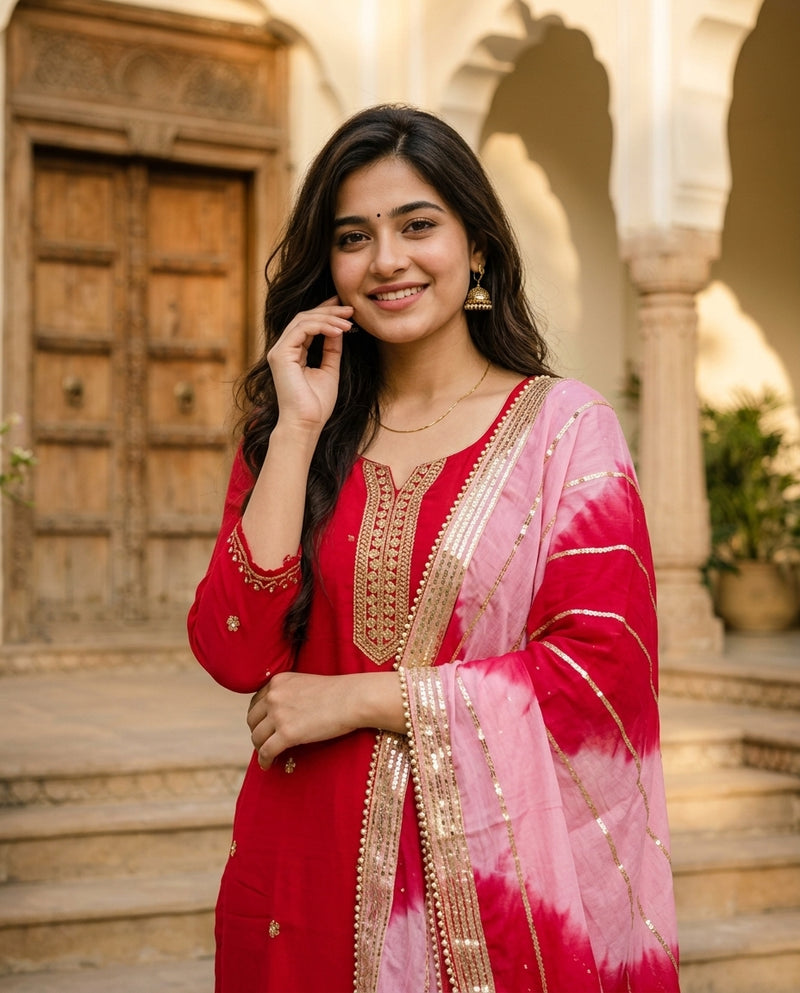 Red Embroidered Kurta Set with Leheriya Dupatta
