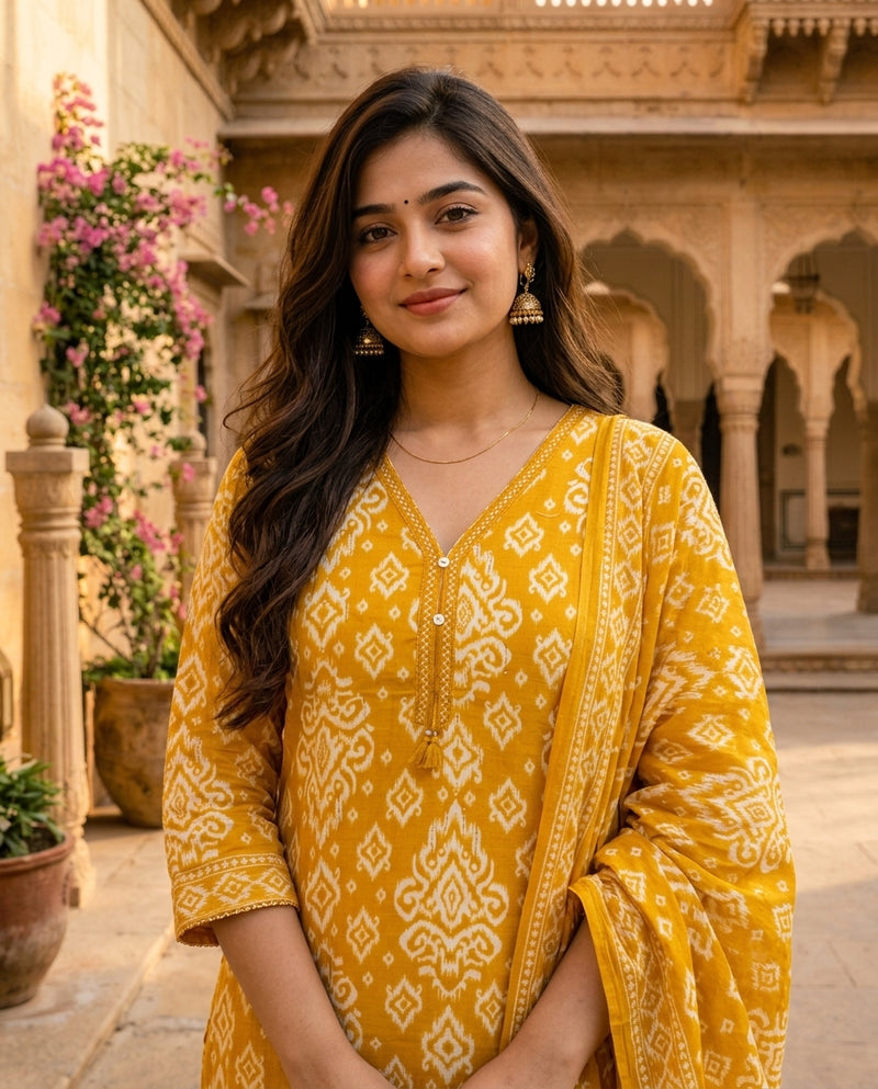 Mustard Yellow Ikat Print Suit Set with Dupatta