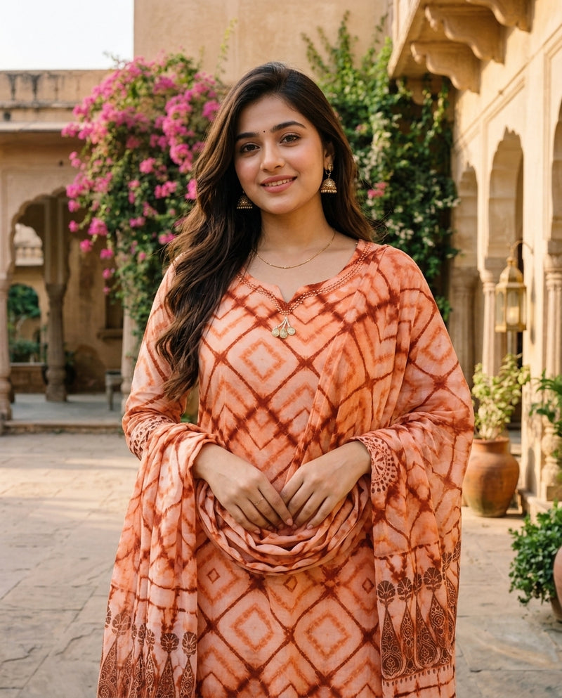 Peach Tie-Dye Printed Kurta Set with Dupatta and Trousers