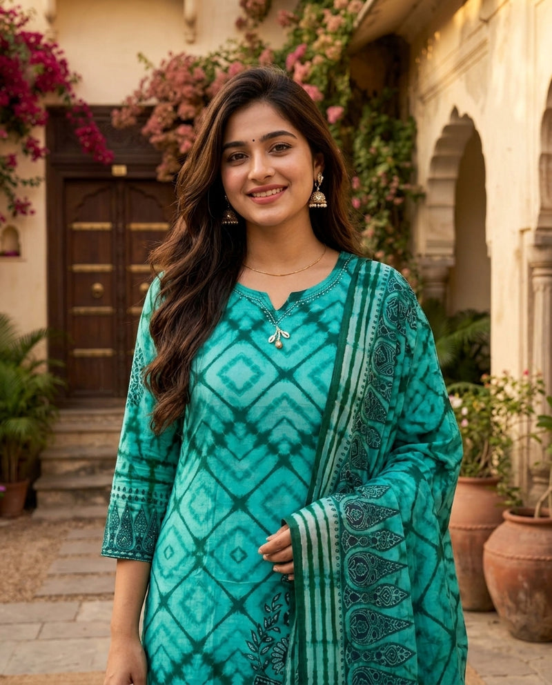 Turquoise Tie-Dye Printed Kurta Set with Dupatta