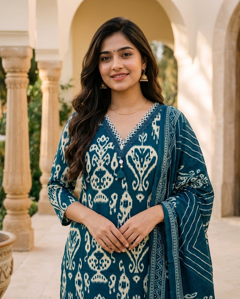 Teal Ikat Print Kurta Set with Dupatta