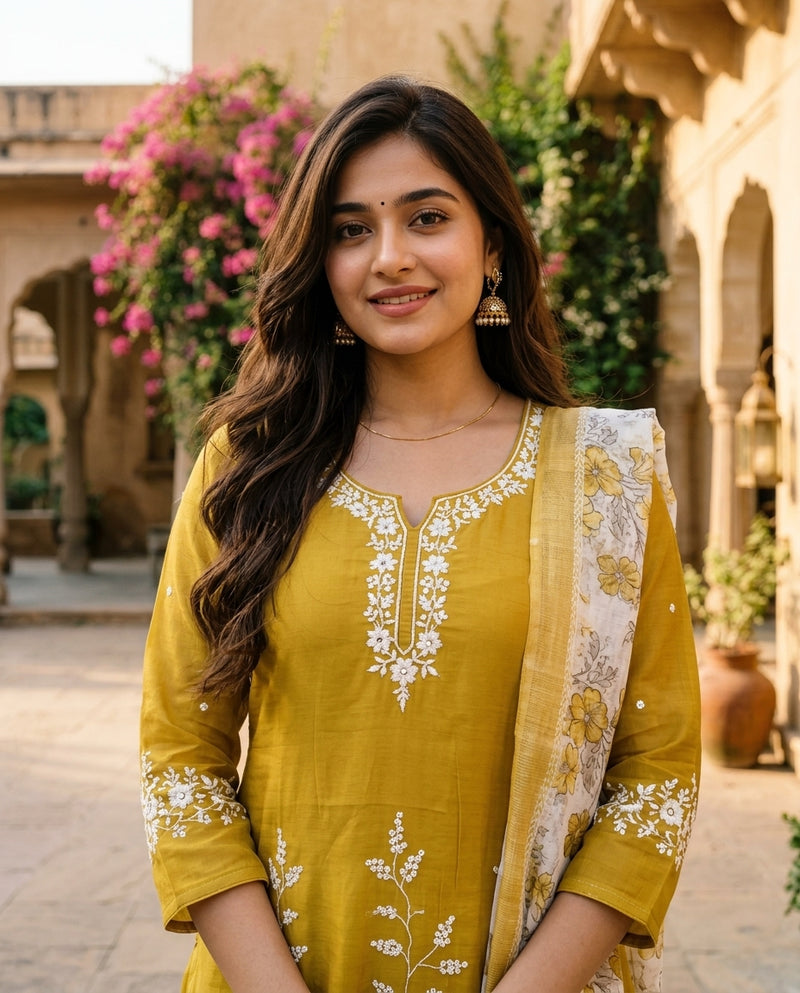 Mustard Yellow Embroidered Kurta Set with Printed Dupatta
