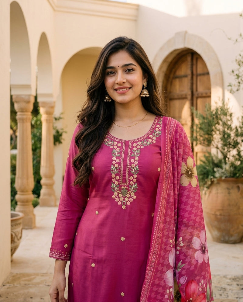 Magenta Embroidered Kurta with Trousers and Printed Dupatta Set