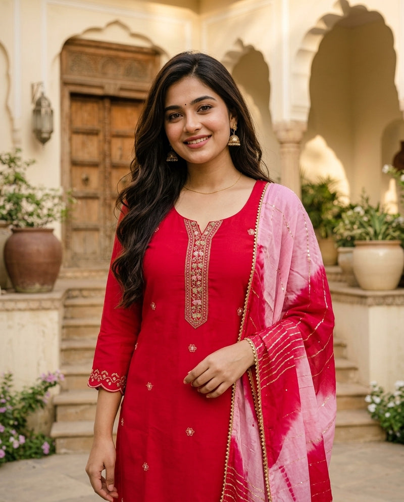 Red Embroidered Kurta Set with Leheriya Dupatta