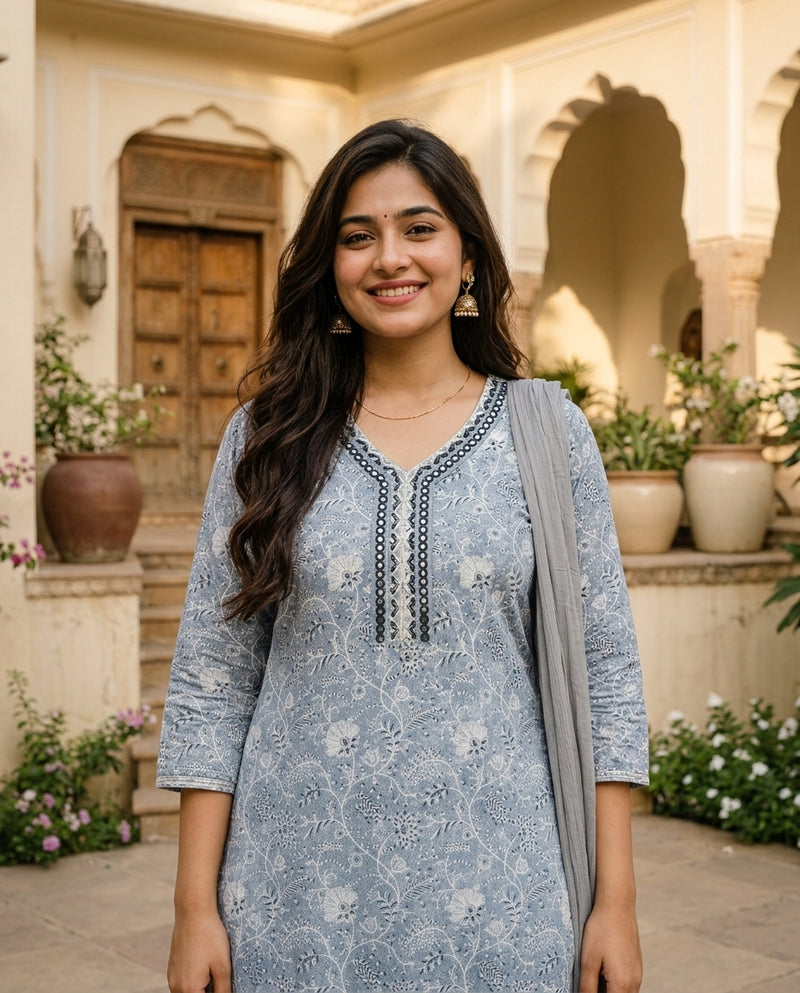 Blue Floral Printed Cotton Suit Set with Mirror Work