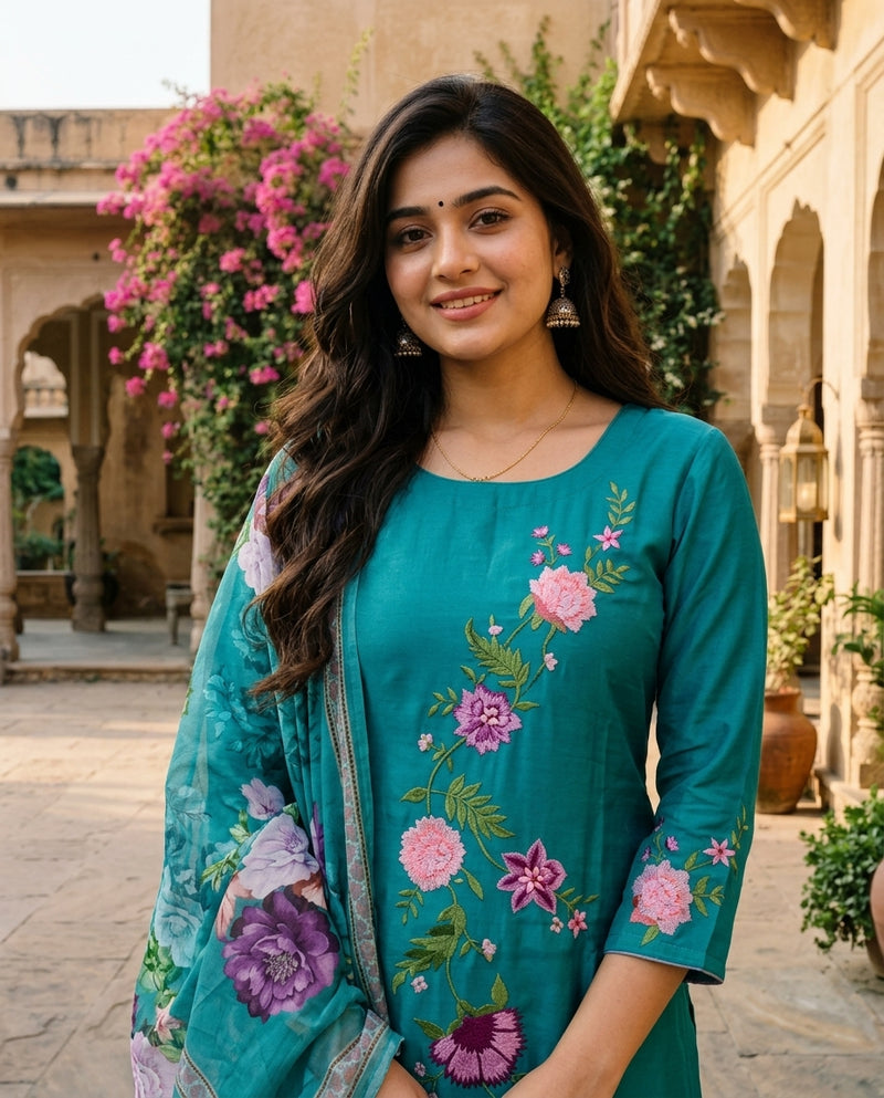Teal Floral Embroidered Kurta Set with Printed Dupatta