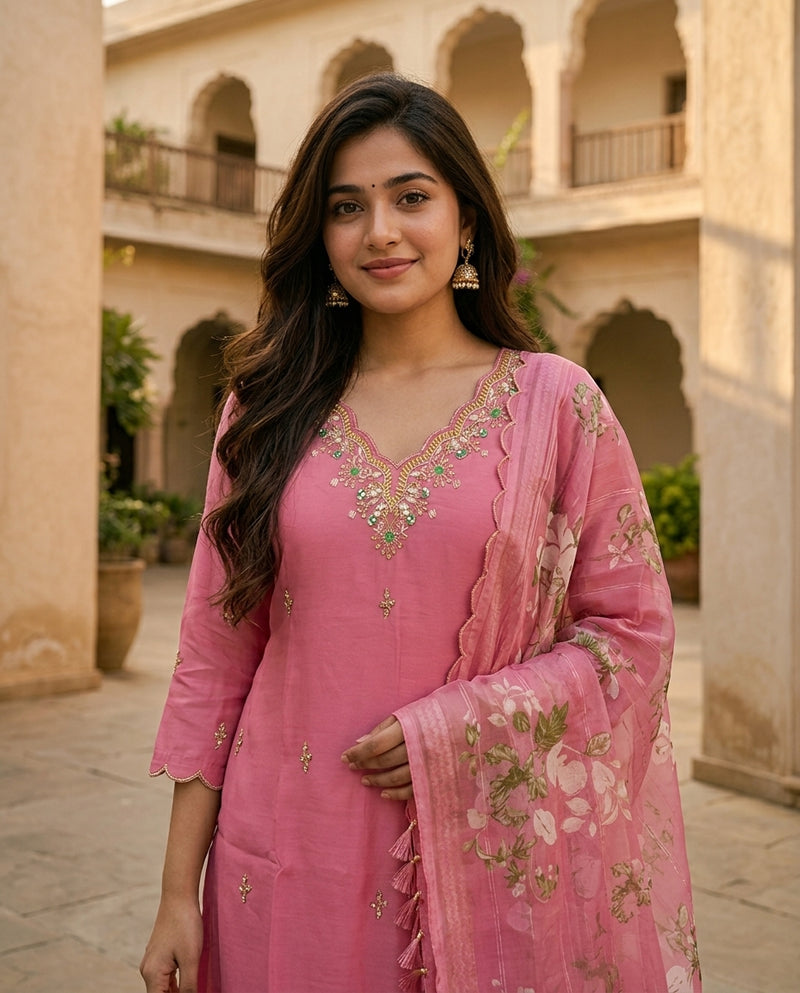 Pink Embroidered Kurta Set with Floral Print Dupatta