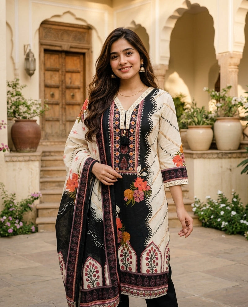 Off-White and Black Printed Suit Set with Dupatta