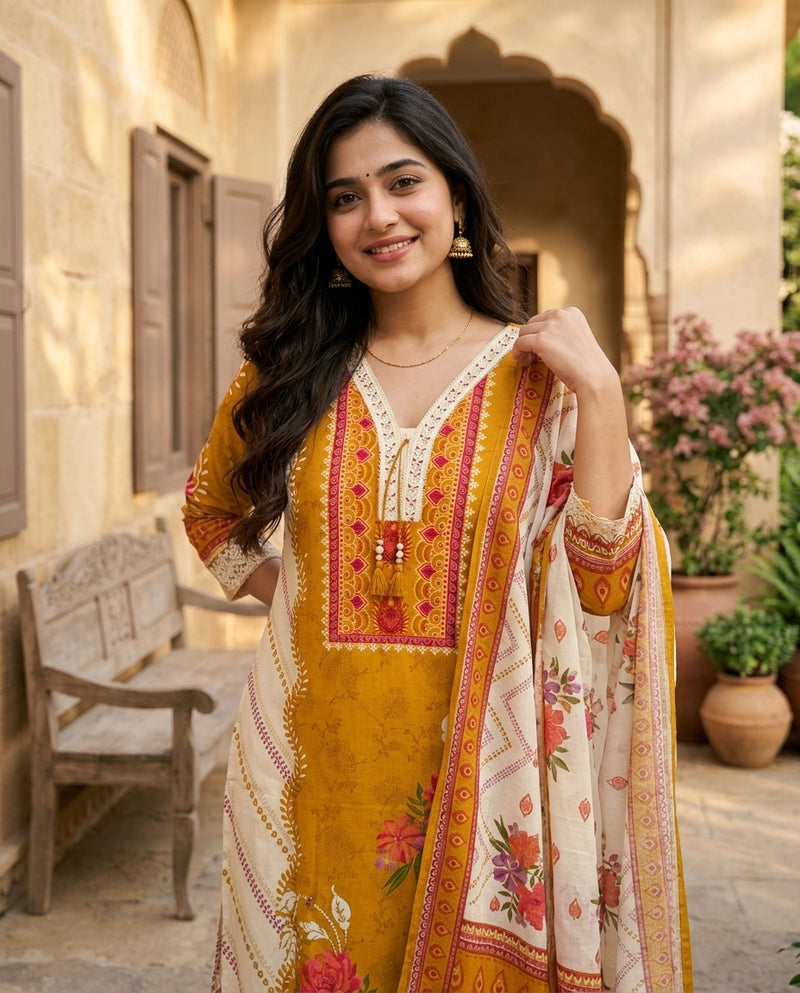 Mustard Yellow Floral Printed Suit Set with Lace Trim