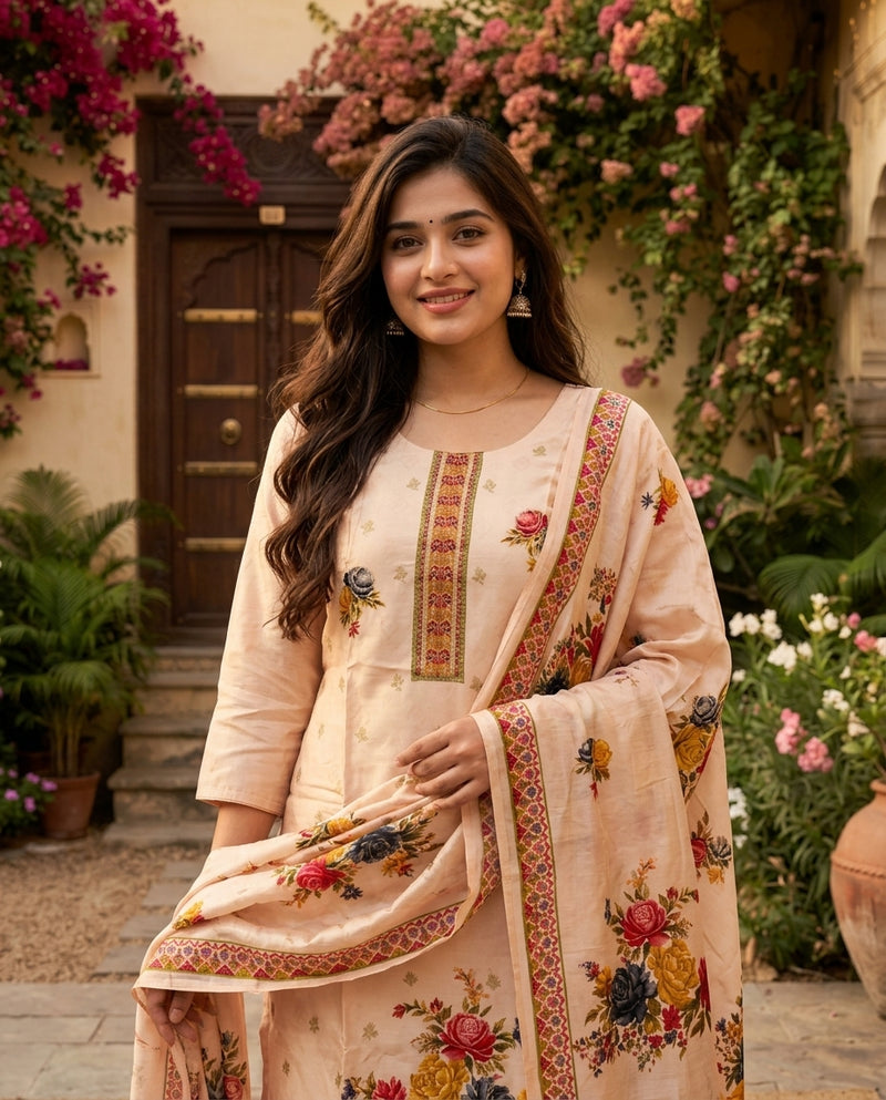 Peach Floral Print and Embroidered Yoke Suit Set