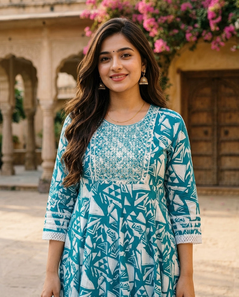 Teal Printed Anarkali Kurta Suit Set with Lace Details