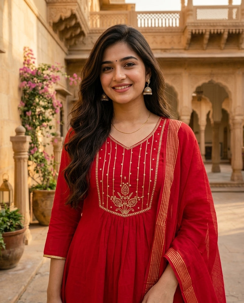 Red and Gold Embroidered V-Neck Kurta Set with Dupatta