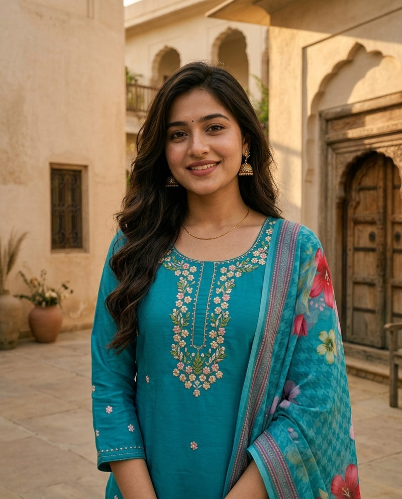 Teal Embroidered Round Neck Kurta Set with Printed Dupatta