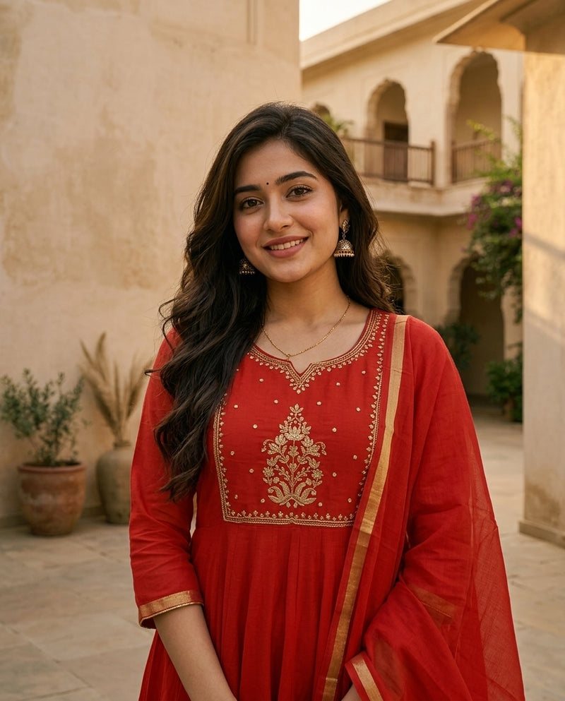 Red and Gold Anarkali Suit Set with Embroidered Yoke