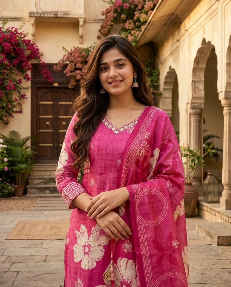 Bright Pink Floral Printed Kurta Set with Dupatta