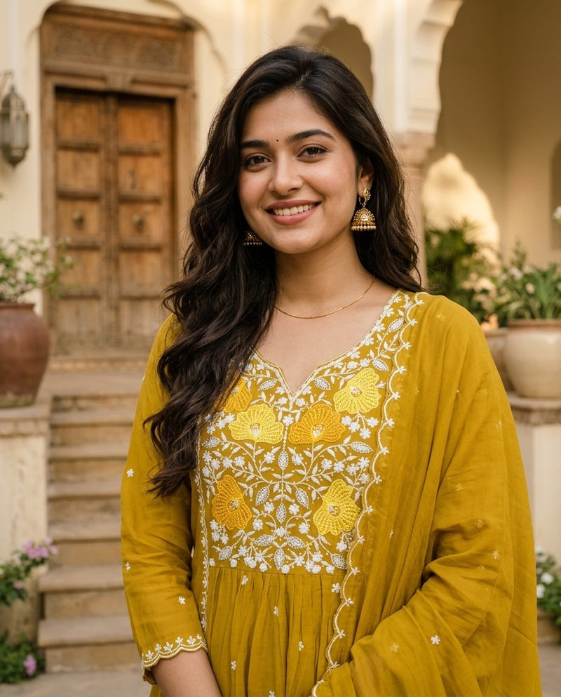Mustard Yellow Embroidered V-Neck Kurta Set with Dupatta