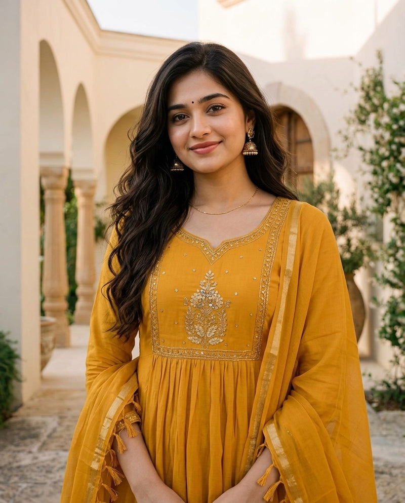 Mustard Yellow Anarkali Kurta Set with Embroidered Yoke