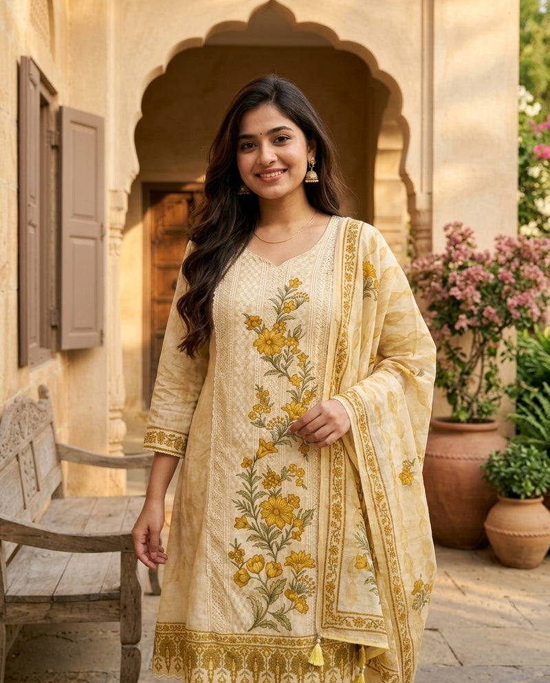 Cream & Mustard Floral Printed Round Neck Kurta Set with Dupatta